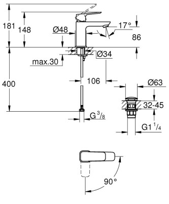 Grohe Cubeo Tek kumandalı lavabo bataryası 1/2″ S-Boyut - 1017320000 - 2