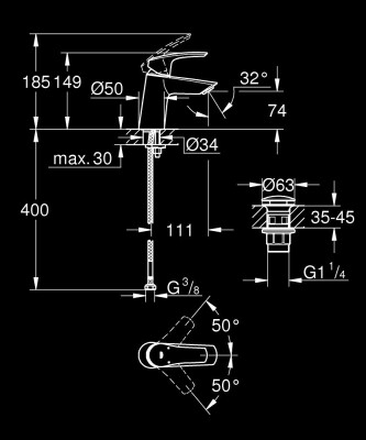 Grohe Eurosmart Tek kumandalı lavabo bataryası S-Boyut - 23968003 - 2