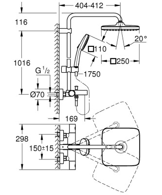 Grohe Tempesta System 250 Cube Duvara monte termostatik banyo bataryalı duş sistemi - 26975001 - 2